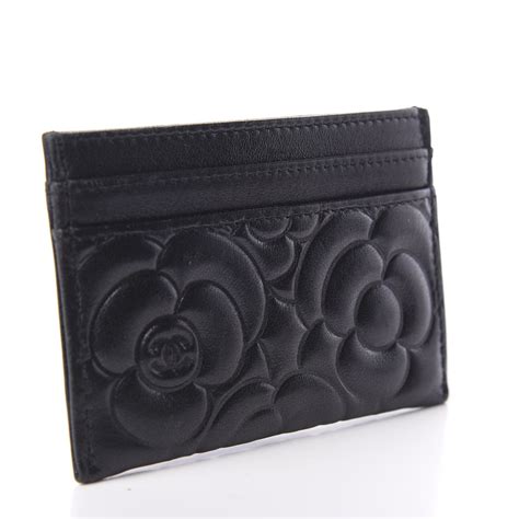 CHANEL Lambskin Camellia Embossed Card Holder Black